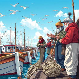 An illustration of a bustling fishing port with detailed boats docked near the pier