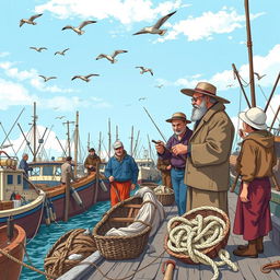 An illustration of a bustling fishing port with detailed boats docked near the pier