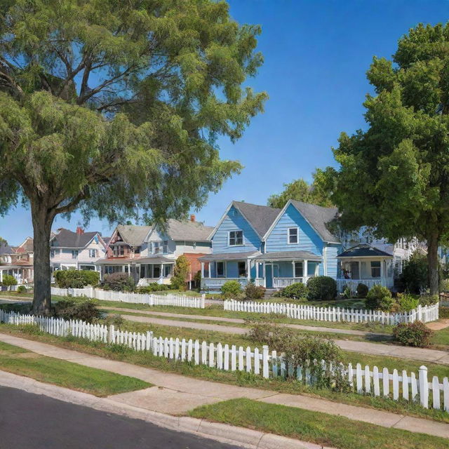 A quaint small suburban neighborhood with rows of matchbox houses, manicured gardens, picket fences, small children playing and a clear blue sky above. A picturesque setting with tranquility and serene nature.