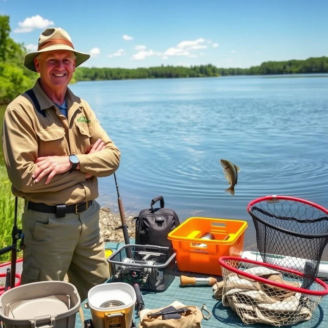 A knowledgeable fisheries instructor standing confidently beside a tranquil lake, wearing practical outdoor clothing and a hat