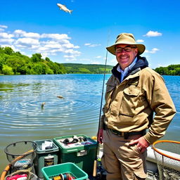 A knowledgeable fisheries instructor standing confidently beside a tranquil lake, wearing practical outdoor clothing and a hat