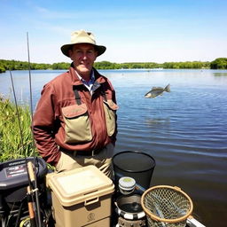 A knowledgeable fisheries instructor standing confidently beside a tranquil lake, wearing practical outdoor clothing and a hat