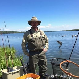 A knowledgeable fisheries instructor standing confidently beside a tranquil lake, wearing practical outdoor clothing and a hat