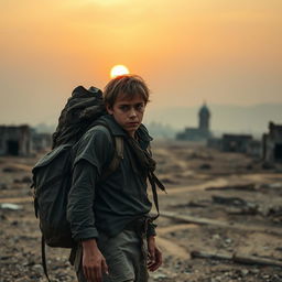 A young man in a post-apocalyptic world, surrounded by the remnants of civilization