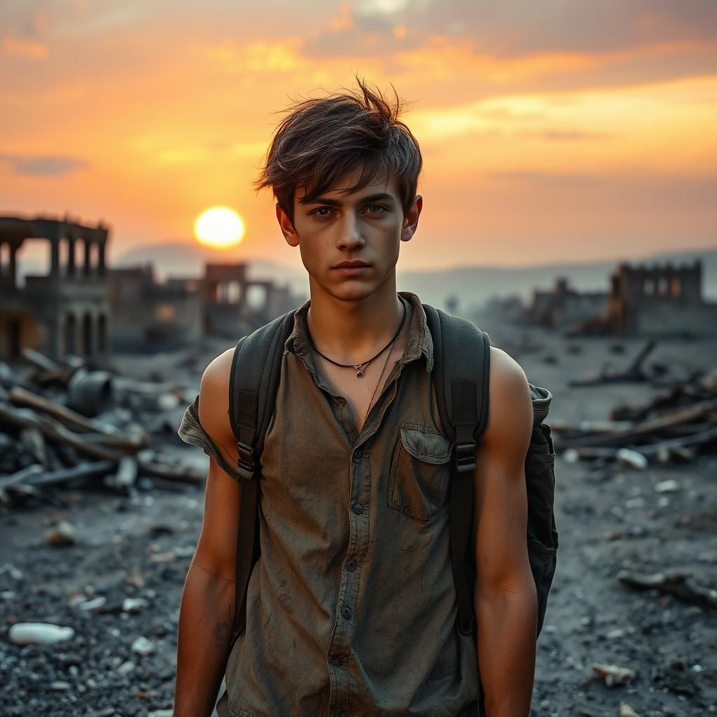 A young man in a post-apocalyptic world, surrounded by the remnants of civilization