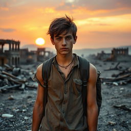 A young man in a post-apocalyptic world, surrounded by the remnants of civilization