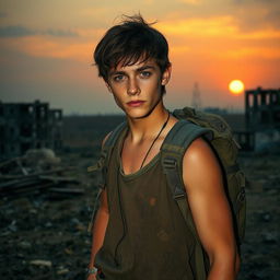 A young man in a post-apocalyptic world, surrounded by the remnants of civilization