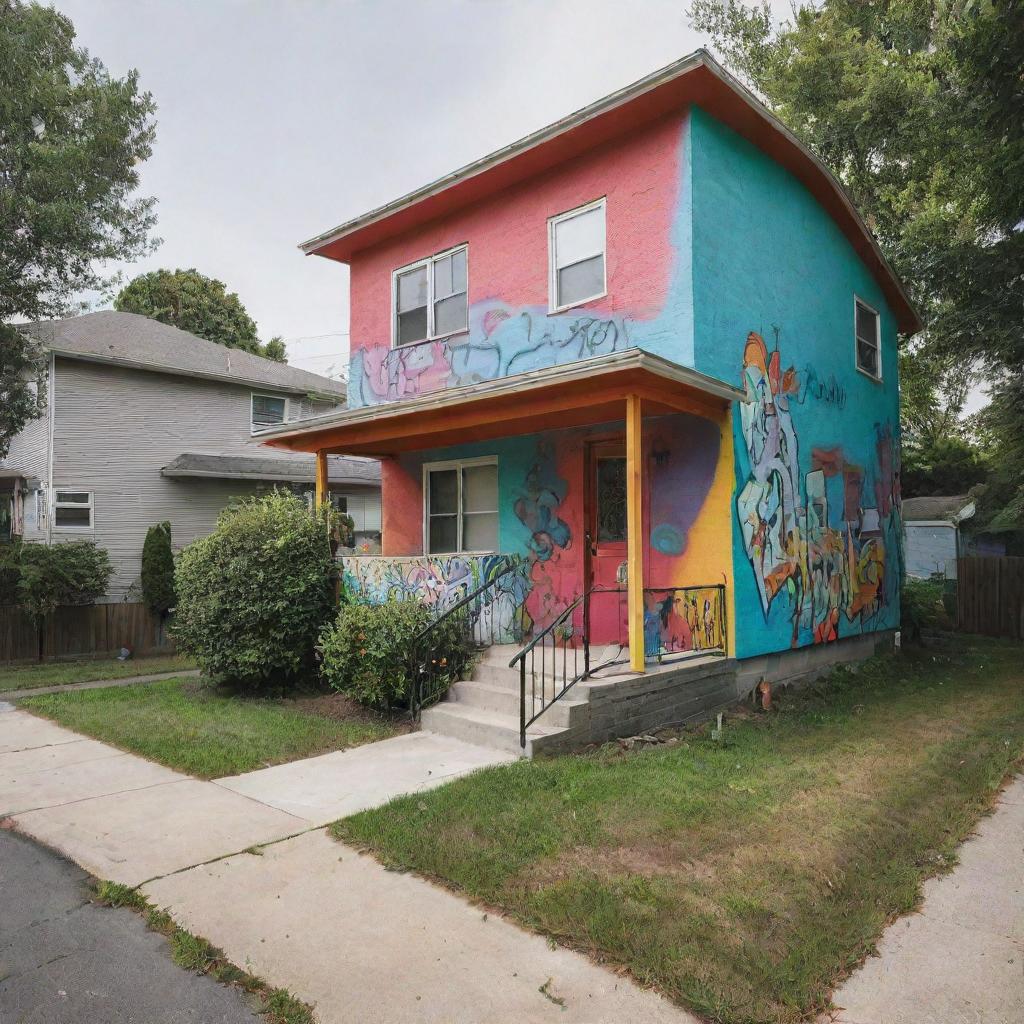 The quaint small suburban neighborhood has some new residents, who brought an urban vibe. Their home stands out with graffiti art, a vivid color palette, and tunes of hip hop flowing from it, contrasting with the otherwise idyllic surroundings.