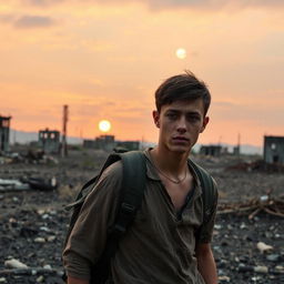 A young man in a post-apocalyptic world, surrounded by the remnants of civilization