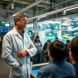 A professional fisheries instructor standing attentively near a large fishery facility, equipped with work attire including a lab coat and protective glasses