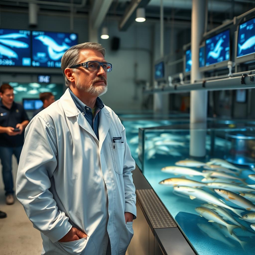 A professional fisheries instructor standing attentively near a large fishery facility, equipped with work attire including a lab coat and protective glasses