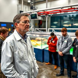 A professional fisheries instructor standing attentively near a large fishery facility, equipped with work attire including a lab coat and protective glasses