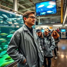 A professional fisheries instructor standing attentively near a large fishery facility, equipped with work attire including a lab coat and protective glasses