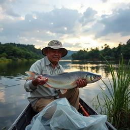 Seorang penyuluh perikanan berdiri dengan percaya diri di tepi danau yang tenang, mengenakan pakaian luar yang praktis dan topi