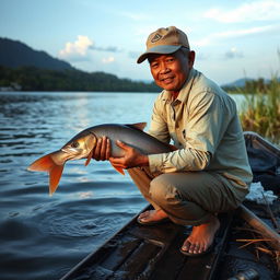 Seorang penyuluh perikanan berdiri dengan percaya diri di tepi danau yang tenang, mengenakan pakaian luar yang praktis dan topi