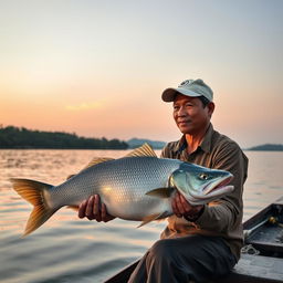 Seorang penyuluh perikanan berdiri dengan percaya diri di tepi danau yang tenang, mengenakan pakaian luar yang praktis dan topi