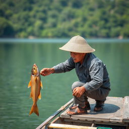 Seorang penyuluh perikanan berdiri dengan percaya diri di tepi danau yang tenang, mengenakan pakaian luar yang praktis dan topi