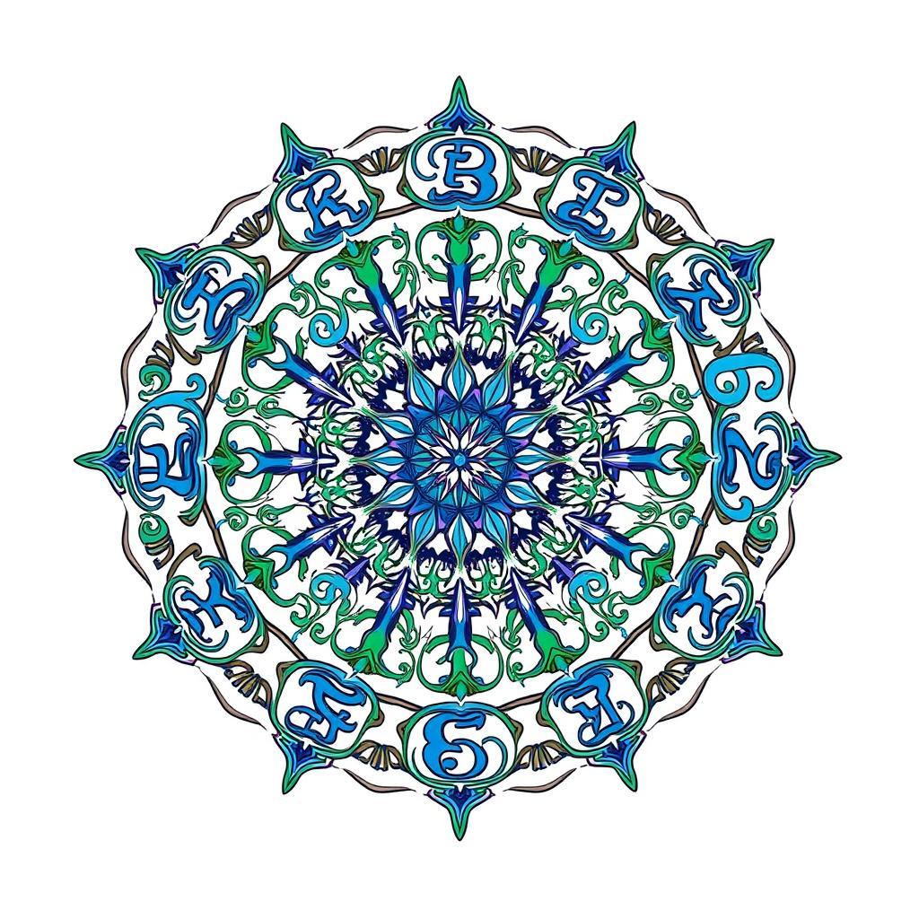 Intricate mandala design featuring the letters of the alphabet woven into an elaborate pattern, each letter artistically integrated and harmoniously forming a circular layout