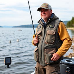 A skilled fisheries instructor who is also an experienced fisherman, standing by the serene shoreline of a vast lake