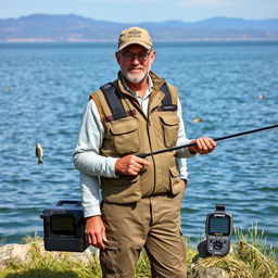 A skilled fisheries instructor who is also an experienced fisherman, standing by the serene shoreline of a vast lake