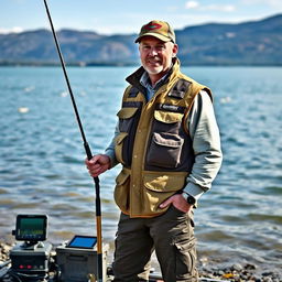 A skilled fisheries instructor who is also an experienced fisherman, standing by the serene shoreline of a vast lake