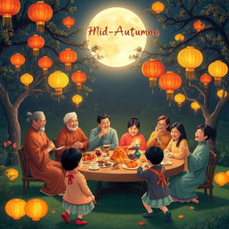 A joyful family celebration of the Mid-Autumn Festival in a beautifully decorated garden at night