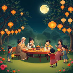 A joyful family celebration of the Mid-Autumn Festival in a beautifully decorated garden at night