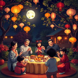 A joyful family celebration of the Mid-Autumn Festival in a beautifully decorated garden at night