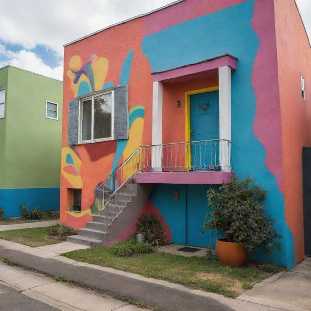 The small, charming suburban neighborhood has new inhabitants, adding a unique cultural edge. Their house, with a vibrantly colored façade and street art murals, introduces a breath of urban air, adding contrast to the otherwise traditional suburban homes.