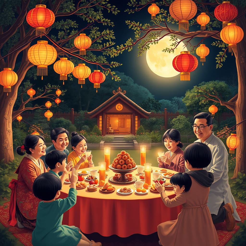 A joyful family celebration of the Mid-Autumn Festival in a beautifully decorated garden at night