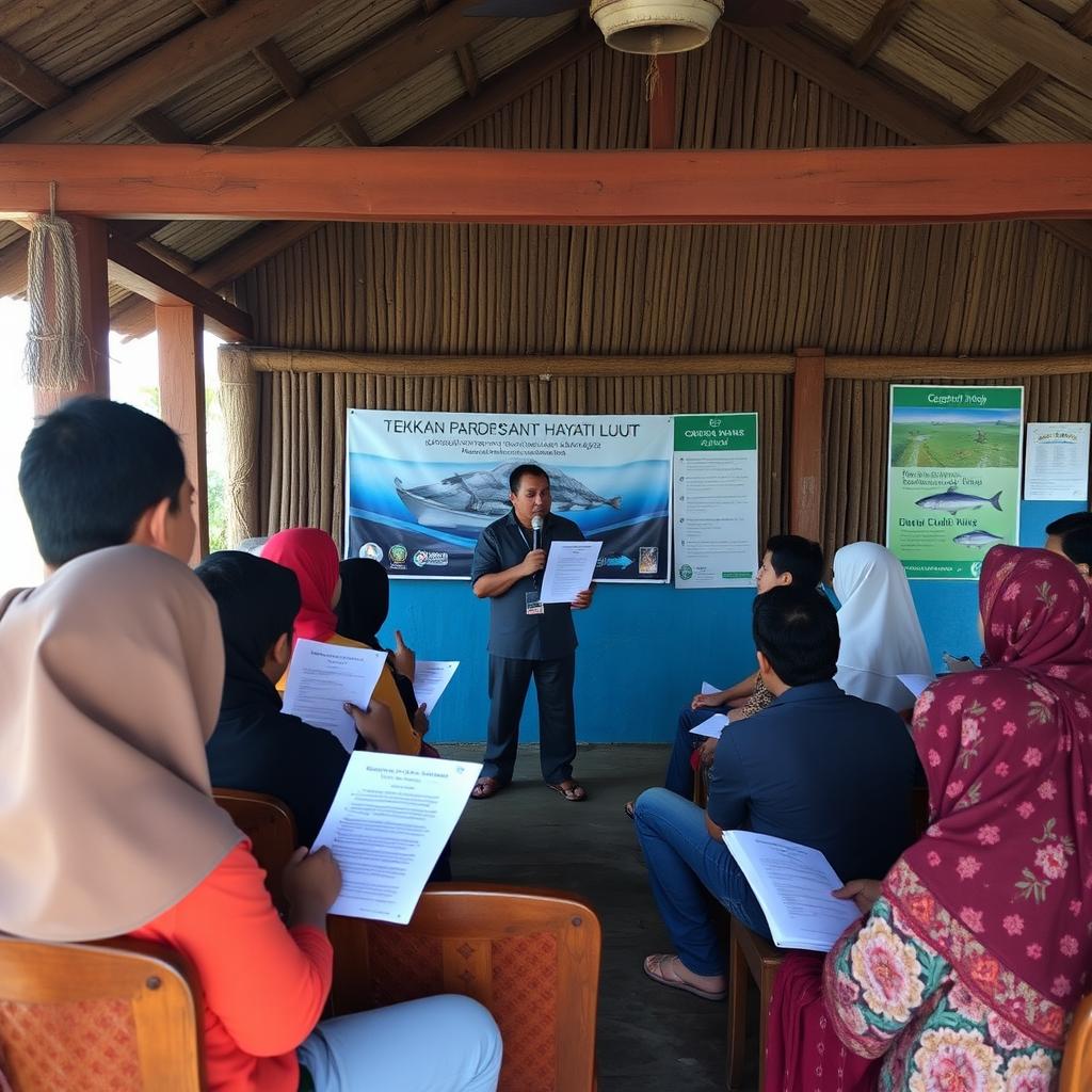 Seorang penyuluh perikanan sedang memberikan penyuluhan kepada masyarakat di sebuah desa pesisir, mengenakan pakaian kasual dan ramah