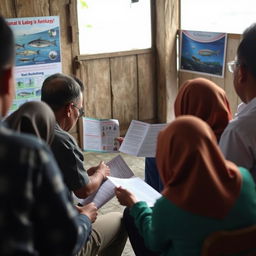 Seorang penyuluh perikanan sedang memberikan penyuluhan kepada masyarakat di sebuah desa pesisir, mengenakan pakaian kasual dan ramah