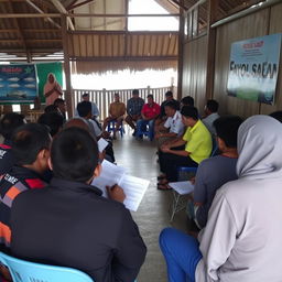 Seorang penyuluh perikanan sedang memberikan penyuluhan kepada masyarakat di sebuah desa pesisir, mengenakan pakaian kasual dan ramah