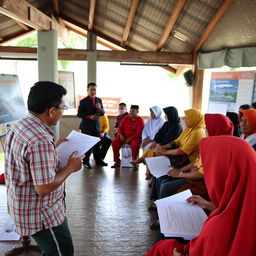 Seorang penyuluh perikanan sedang memberikan penyuluhan kepada masyarakat di sebuah desa pesisir, mengenakan pakaian kasual dan ramah