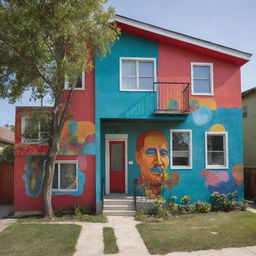 The small, charming suburban neighborhood has new inhabitants, adding a unique cultural edge. Their house, with a vibrantly colored façade and street art murals, introduces a breath of urban air, adding contrast to the otherwise traditional suburban homes.