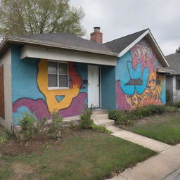 A small suburban neighborhood is experiencing a cultural transformation. The new residents, with their urban vibes, are influencing the other neighbors. The houses now show a blend of suburban charm and urban edginess, with graffiti accents and vibrant art installations.