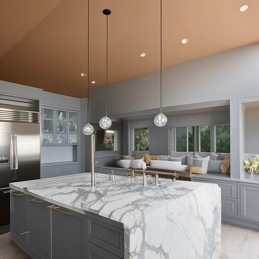 A spacious, modern kitchen with sleek stainless steel appliances, a large island with marble countertops, and an array of pendant lights hanging from a high ceiling. The color scheme blends warm earth tones with cool grays for a balanced, inviting feel.