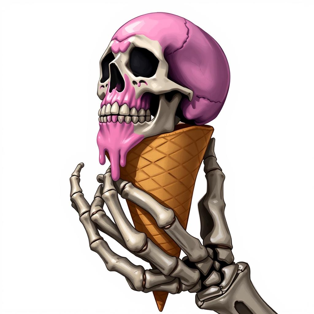 A full view of a 2D illustration featuring a skeleton hand grasping an ice cream cone