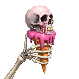 A full view of a 2D illustration featuring a skeleton hand grasping an ice cream cone