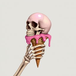 A full view of a 2D illustration featuring a skeleton hand grasping an ice cream cone