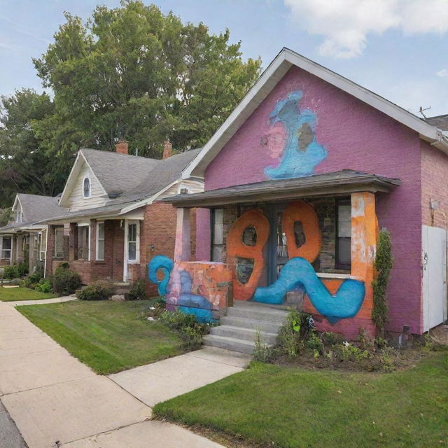 A small suburban neighborhood is experiencing a cultural transformation. The new residents, with their urban vibes, are influencing the other neighbors. The houses now show a blend of suburban charm and urban edginess, with graffiti accents and vibrant art installations.