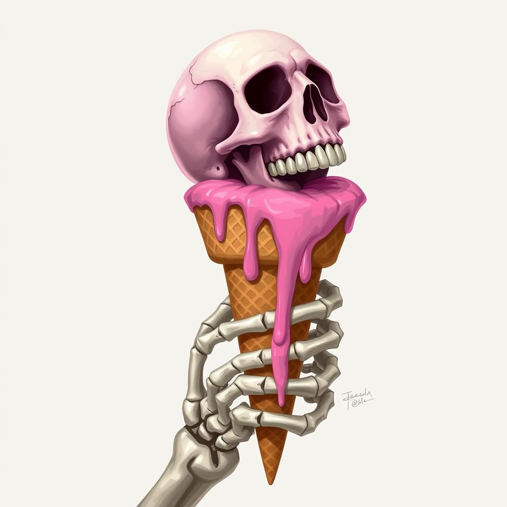 A full view of a 2D illustration featuring a skeleton hand grasping an ice cream cone