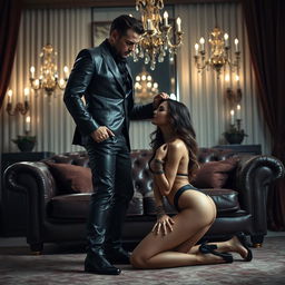 A sophisticated and elegant BDSM scene set in a luxurious room