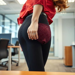 extreme close-up of a person bending over a desk in an office, focusing on their perfect butt