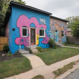 A small suburban neighborhood is experiencing a cultural transformation. The new residents, with their urban vibes, are influencing the other neighbors. The houses now show a blend of suburban charm and urban edginess, with graffiti accents and vibrant art installations.