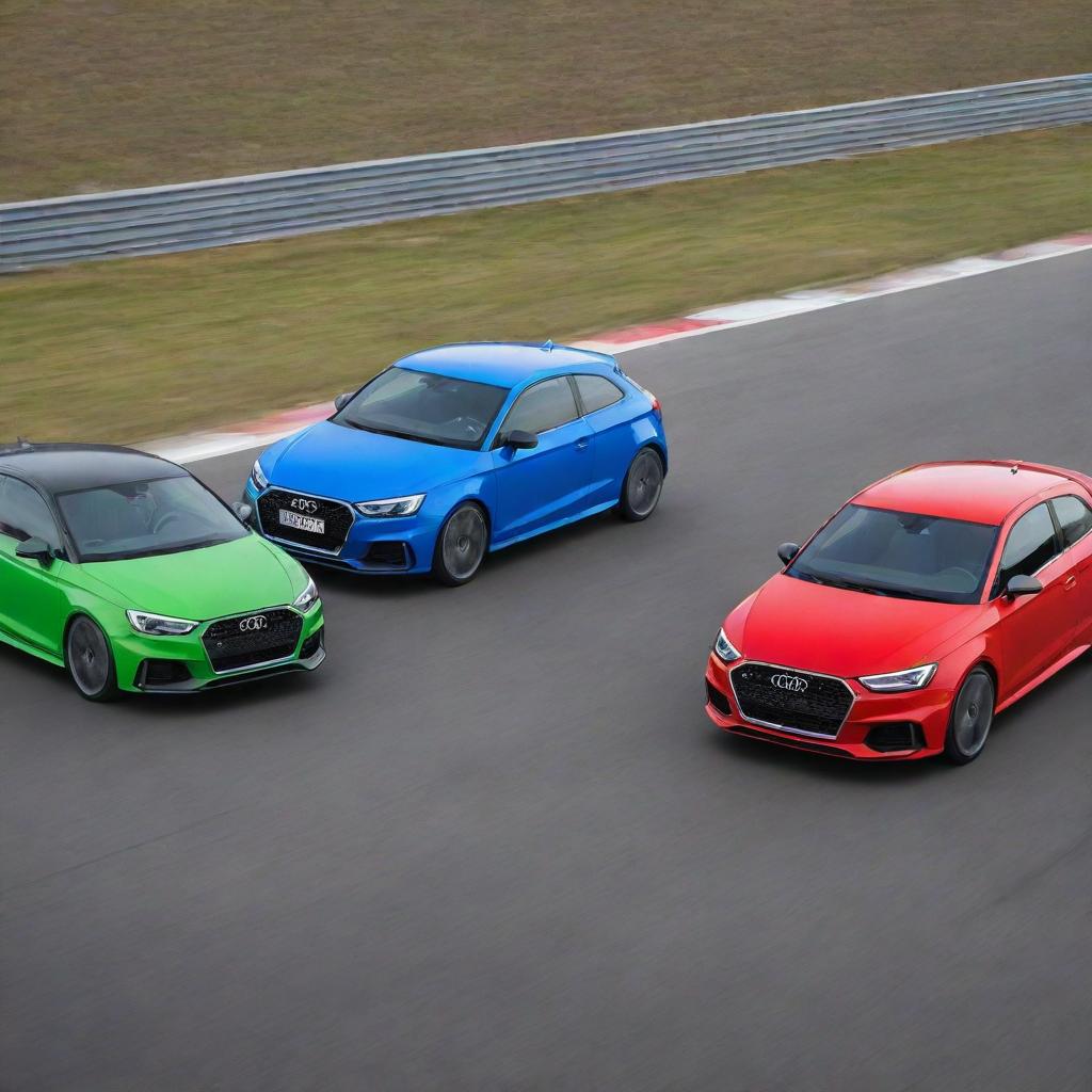 Three vibrant cars: a sleek Audi RS3, a dynamic Hyundai Veloster, and a compact Chevrolet Spark, intensely competing on an open road in broad daylight.