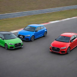 Three vibrant cars: a sleek Audi RS3, a dynamic Hyundai Veloster, and a compact Chevrolet Spark, intensely competing on an open road in broad daylight.