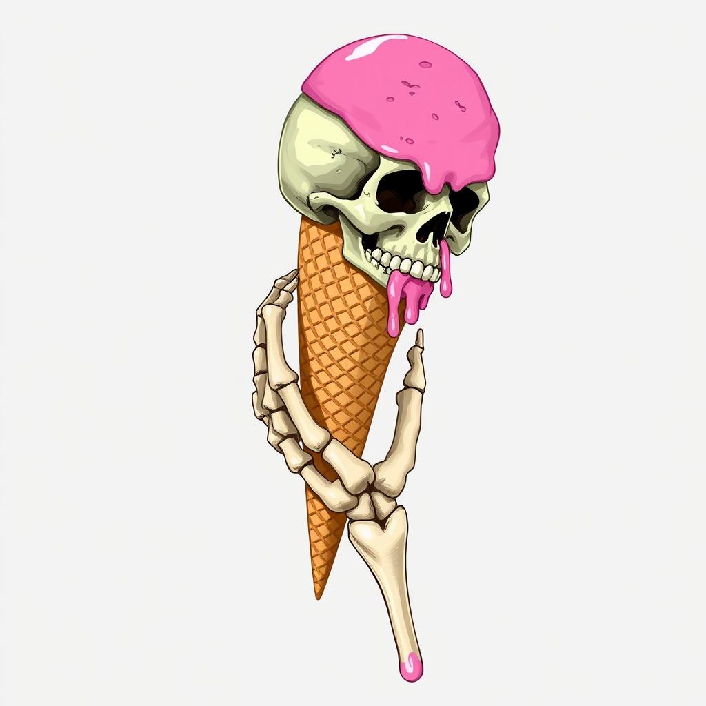 A full view of a 2D illustration featuring a skeleton hand grasping an ice cream cone