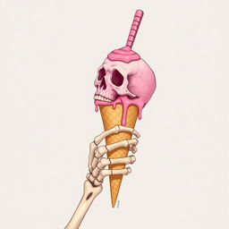 A full view of a 2D illustration featuring a skeleton hand grasping an ice cream cone