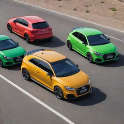 Three vibrant cars: a sleek Audi RS3, a dynamic Hyundai Veloster, and a compact Chevrolet Spark, intensely competing on an open road in broad daylight.